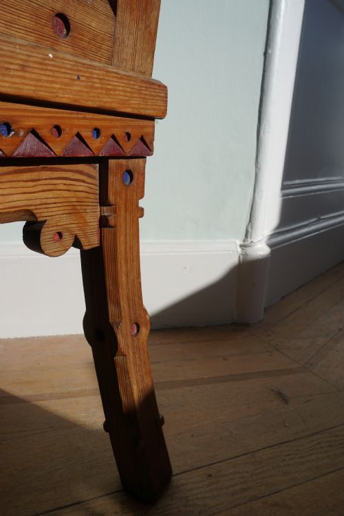 A PITCH PINE AND COLOURED ENAMEL GOTHIC REVIVAL HALL CHAIR IN THE MANNER OF BRUCE TALBERT 1860S - ADDITIONAL PHOTO 5