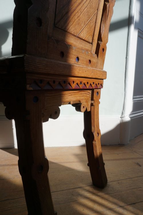 A PITCH PINE AND COLOURED ENAMEL GOTHIC REVIVAL HALL CHAIR IN THE MANNER OF BRUCE TALBERT 1860S - ADDITIONAL PHOTO 6