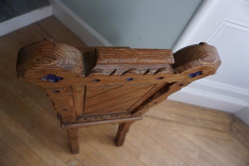 A PITCH PINE AND COLOURED ENAMEL GOTHIC REVIVAL HALL CHAIR IN THE MANNER OF BRUCE TALBERT 1860S - ADDITIONAL PHOTO 1