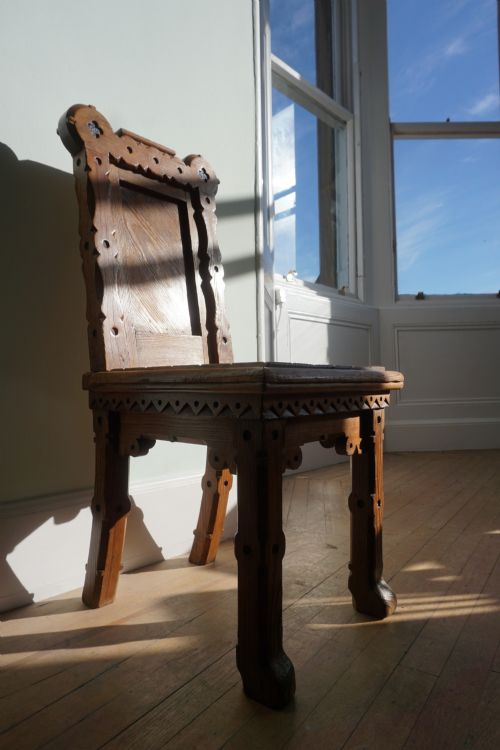 A PITCH PINE AND COLOURED ENAMEL GOTHIC REVIVAL HALL CHAIR IN THE MANNER OF BRUCE TALBERT 1860S - ADDITIONAL PHOTO 9