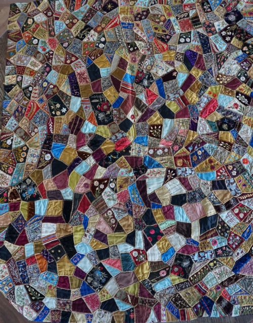 A Fine Victorian Aesthetic 'Crazy' Patchwork Parlour Panel, Comprising Intricately Hand-worked Silk and Velvet Sections.
