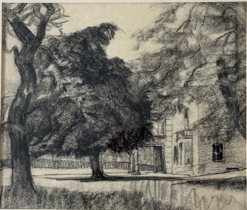 william crozier arsa scottish 18931930 house in parkland conte on paper unsigned - CATEGORY: ANTIQUE ART - DATED 1930