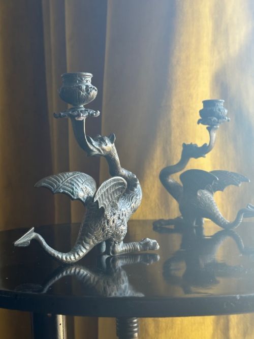 A Pair of 19th Century Solid Bronze Dragon Candlesticks, C.1870