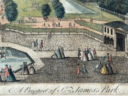JACQUES RIGAUD FRENCH 16811754 'VEUE DU PARC DE ST JAQUESA PROSPECT OF ST JAMES PARK' A HANDCOLOURED 18TH CENTURY ENGRAVING 1730'S - ADDITIONAL PHOTO 1