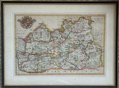 a rare and interesting handcoloured english map of surrey dedicated to sir john fellowes bart c1720 - CATEGORY: ANTIQUE MISCELLANEOUS - DATED 18TH CENTURY