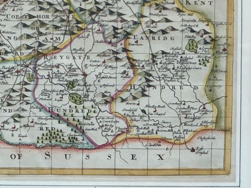 A RARE AND INTERESTING HANDCOLOURED ENGLISH MAP OF SURREY DEDICATED TO SIR JOHN FELLOWES BART C1720 - ADDITIONAL PHOTO 2