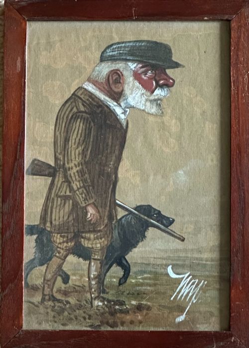 fig 1. A framed 1917 caricature drawing on paper depicting a profile view of a gentleman in a flat cap holding a hand fan.