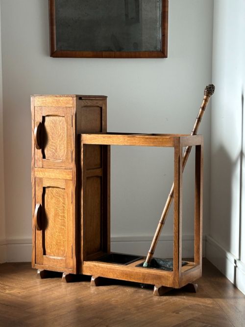 An English Arts and Crafts Oak Stick Stand, in the Manner of Heals