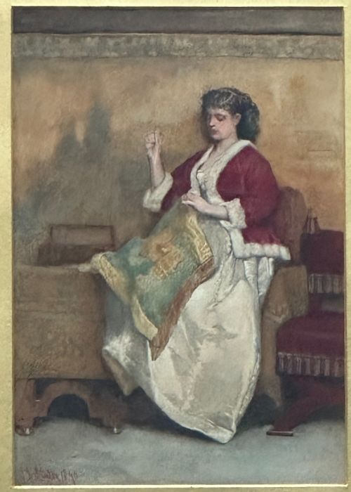 Sir James Dromgole Linton (1840-1916) 'Sewing', Watercolour Dated 1870