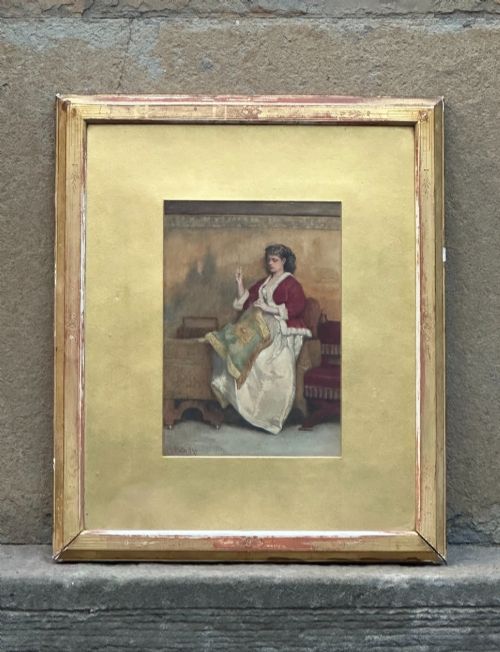 fig 1. A 19th-century watercolour painting depicting a woman in a red jacket and white dress seated while engaged in needlework.