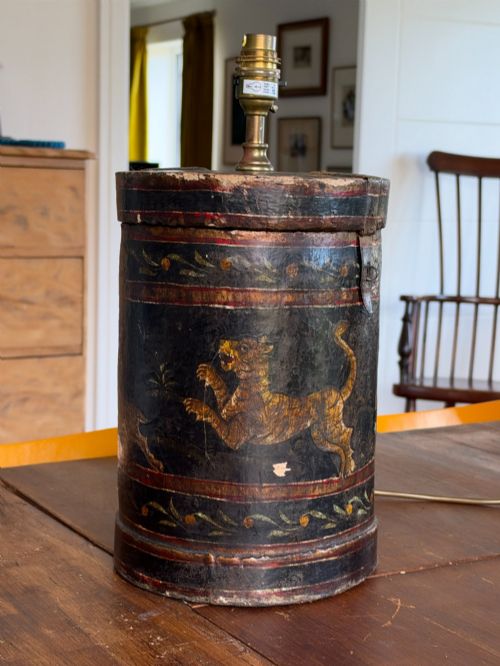 A Hand-painted Indian Papier Mache Cylinderical Container Converted to a Lamp Base
