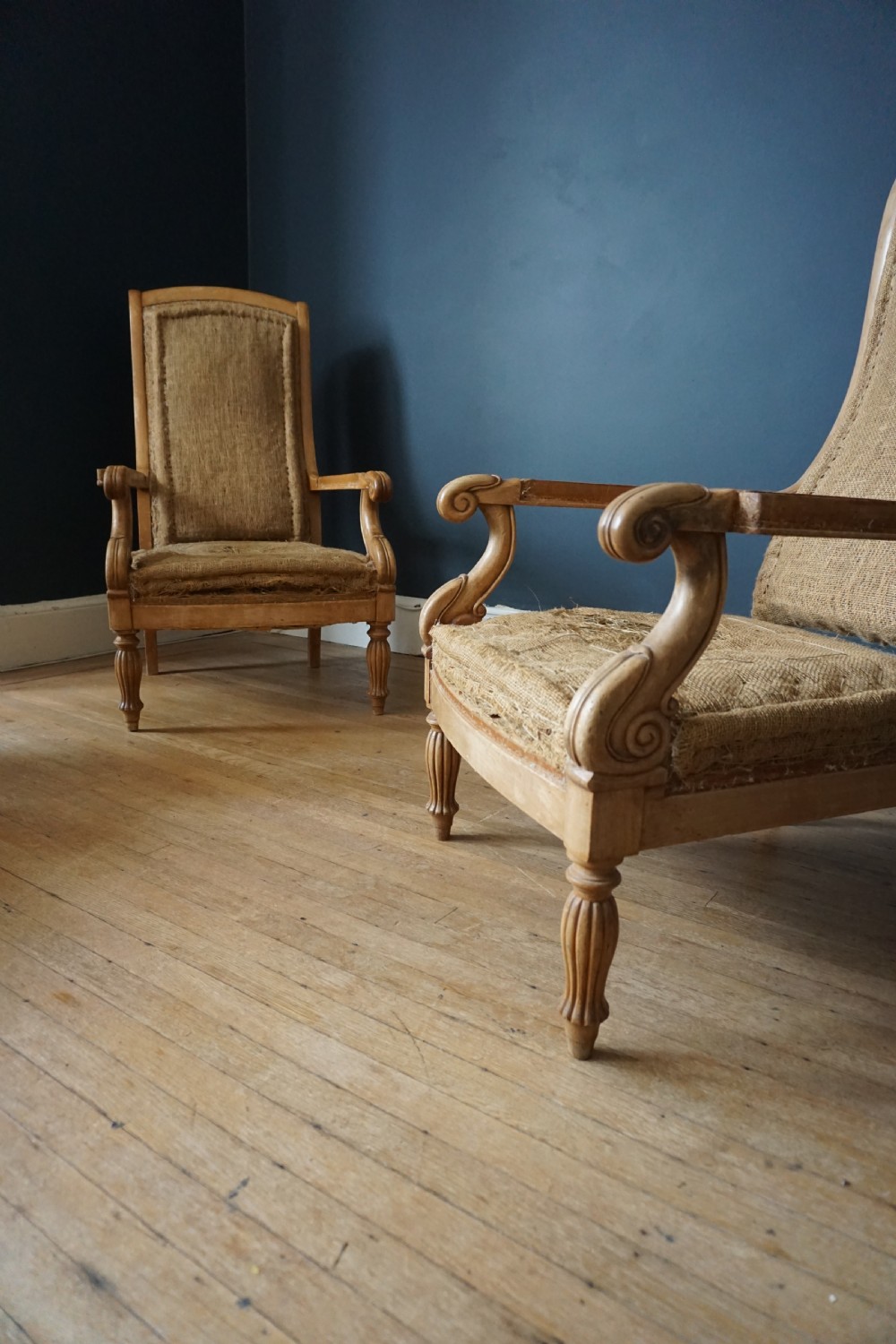 An unusual pair of George IV birch library armchairs in the manner of James Mein of Kelso