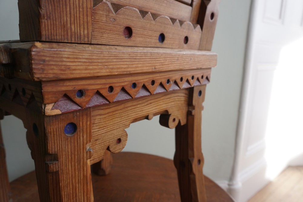 A pitch pine and coloured enamel Gothic Revival hall chair in the manner of Bruce Talbert, 1860s View IV