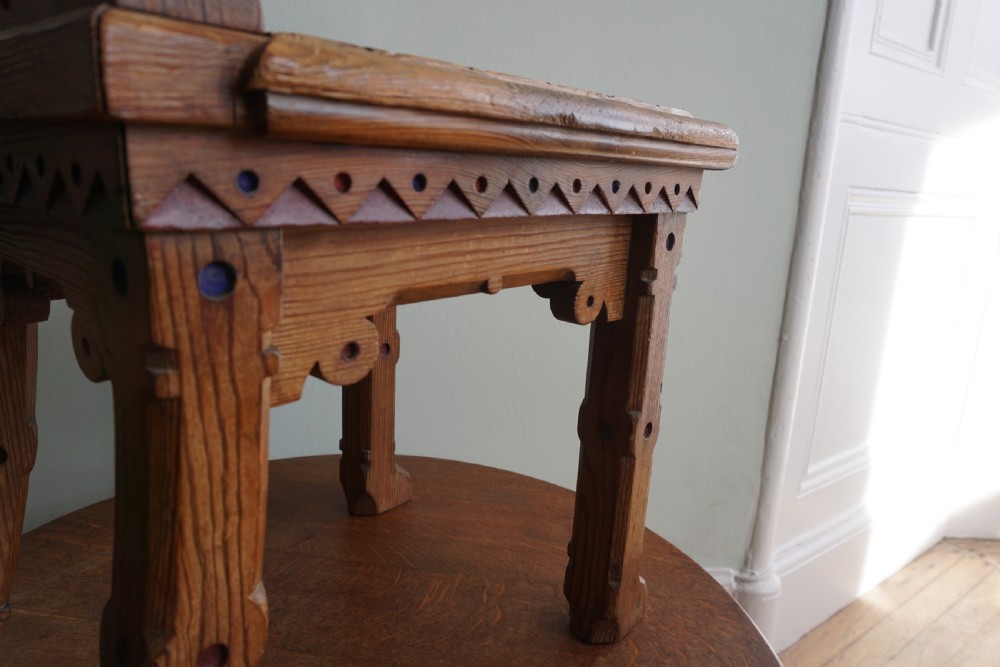 A pitch pine and coloured enamel Gothic Revival hall chair in the manner of Bruce Talbert, 1860s View V