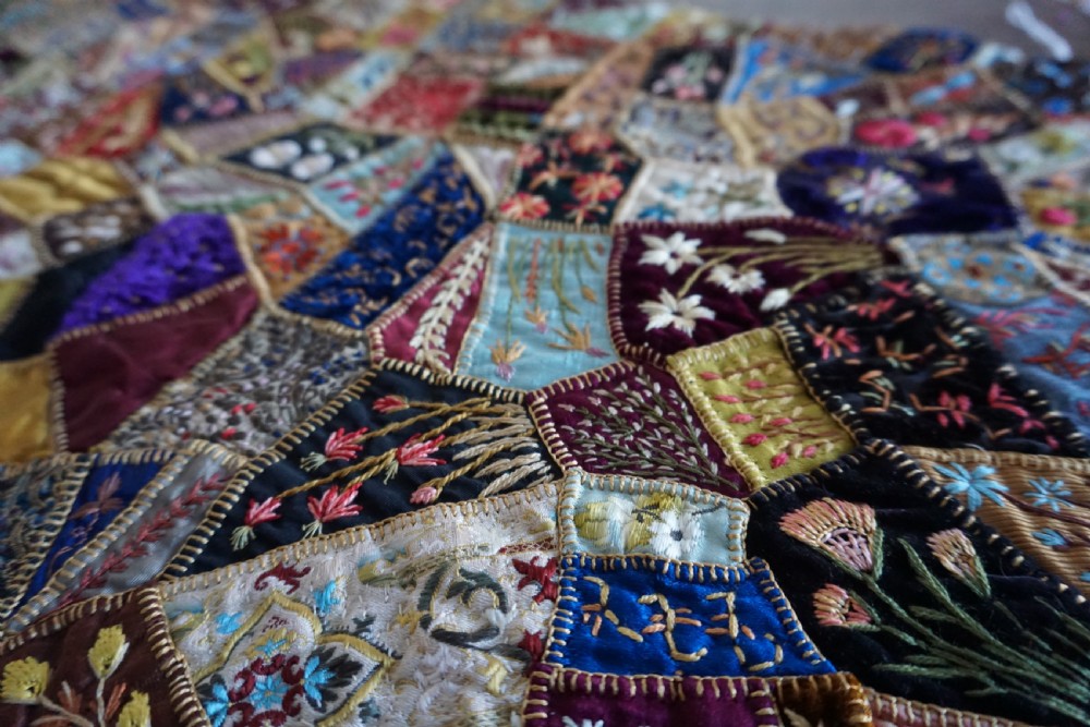 A fine Victorian Aesthetic 'crazy' patchwork parlour panel, comprising intricately hand-worked silk and velvet sections. View III
