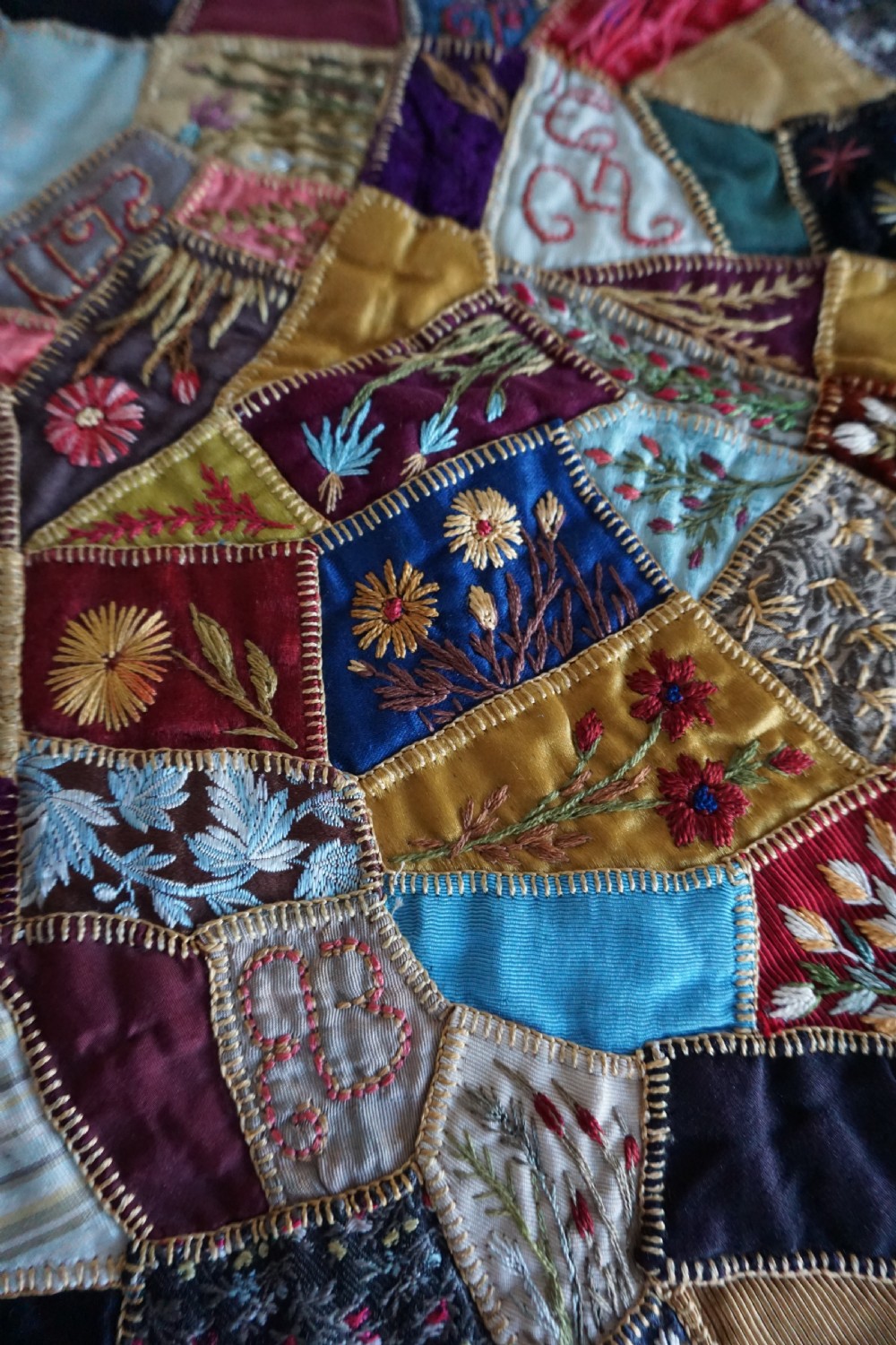 A fine Victorian Aesthetic 'crazy' patchwork parlour panel, comprising intricately hand-worked silk and velvet sections. View VII