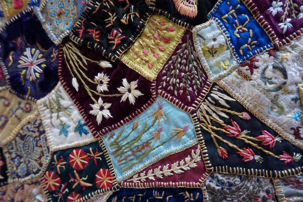 A fine Victorian Aesthetic 'crazy' patchwork parlour panel, comprising intricately hand-worked silk and velvet sections. View VIII