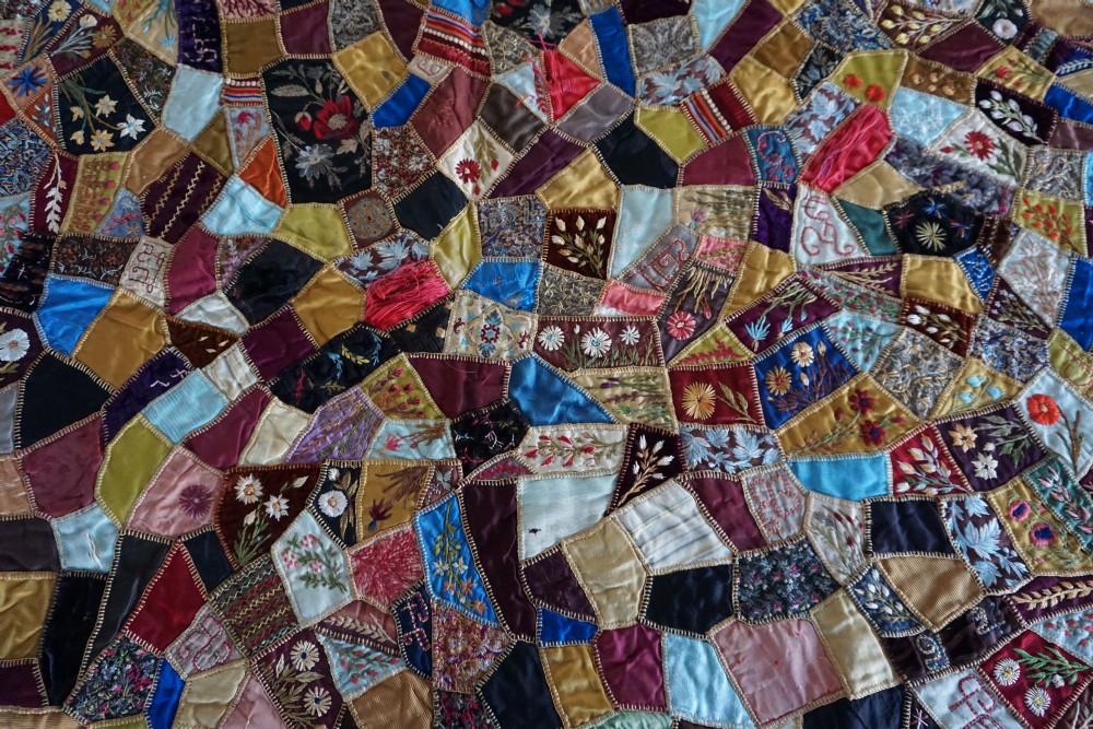 A fine Victorian Aesthetic 'crazy' patchwork parlour panel, comprising intricately hand-worked silk and velvet sections. View XII