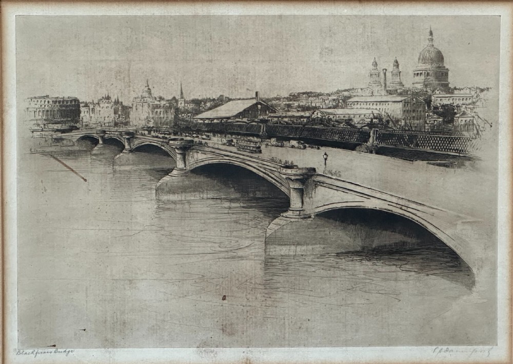 A monochrome drypoint etching depicting Blackfriars Bridge over the River Thames with St Pauls Cathedral visible in the London skyline. View II