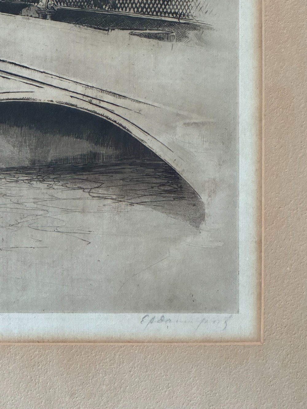 A monochrome drypoint etching depicting Blackfriars Bridge over the River Thames with St Pauls Cathedral visible in the London skyline. View VI
