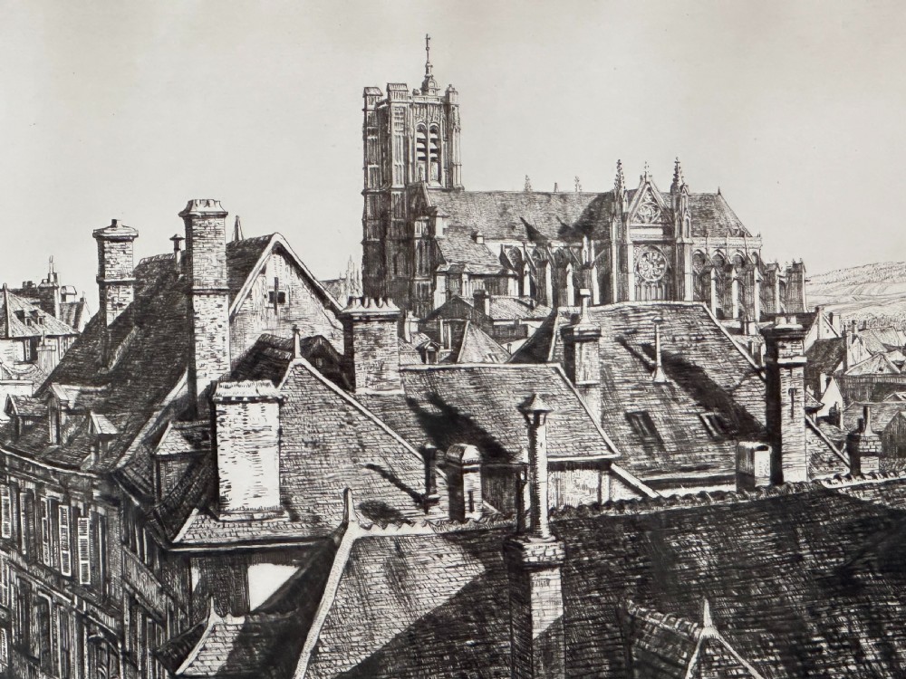 A framed black and white drypoint etching depicting rooftops and a cathedral in Auxerre, displayed within a cream mount and a gold-coloured wooden frame. View IV