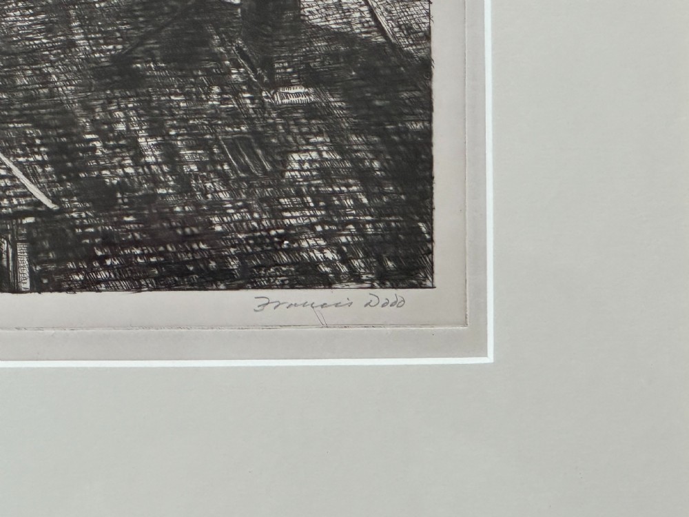A framed black and white drypoint etching depicting rooftops and a cathedral in Auxerre, displayed within a cream mount and a gold-coloured wooden frame. View III