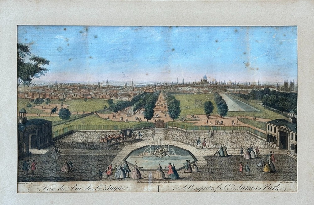 An 18th-century hand-coloured engraving depicting a prospective view of St. Jamess Park in London with figures, horses, and distant city skyline under a blue sky.