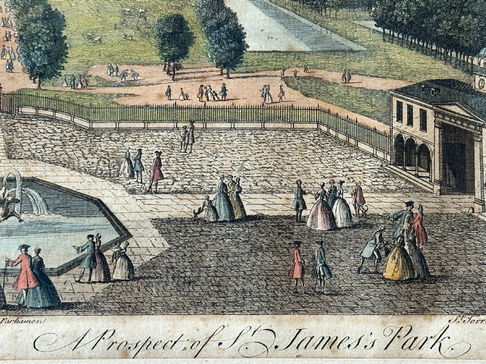 An 18th-century hand-coloured engraving depicting a prospective view of St. Jamess Park in London with figures, horses, and distant city skyline under a blue sky. View II