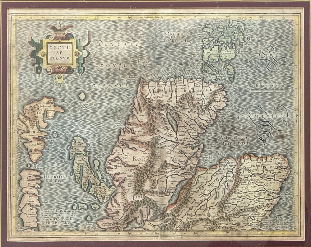 A hand-coloured 17th-century engraved map of northern Scotland, the Hebrides, and the Orkney Islands by Gerard Mercator.