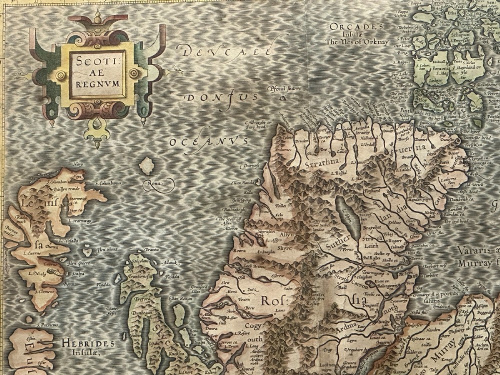 A hand-coloured 17th-century engraved map of northern Scotland, the Hebrides, and the Orkney Islands by Gerard Mercator. View II