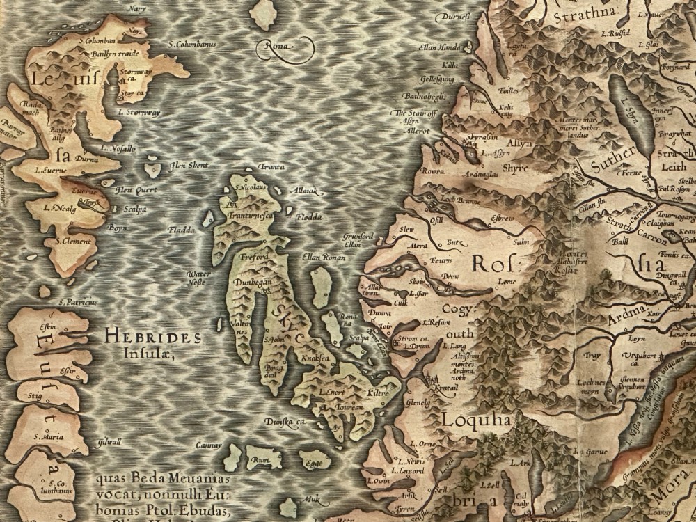 A hand-coloured 17th-century engraved map of northern Scotland, the Hebrides, and the Orkney Islands by Gerard Mercator. View V