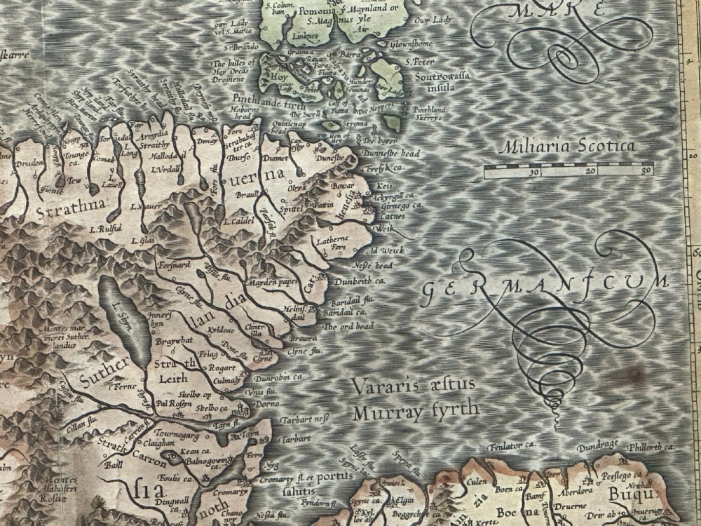 A hand-coloured 17th-century engraved map of northern Scotland, the Hebrides, and the Orkney Islands by Gerard Mercator. View III
