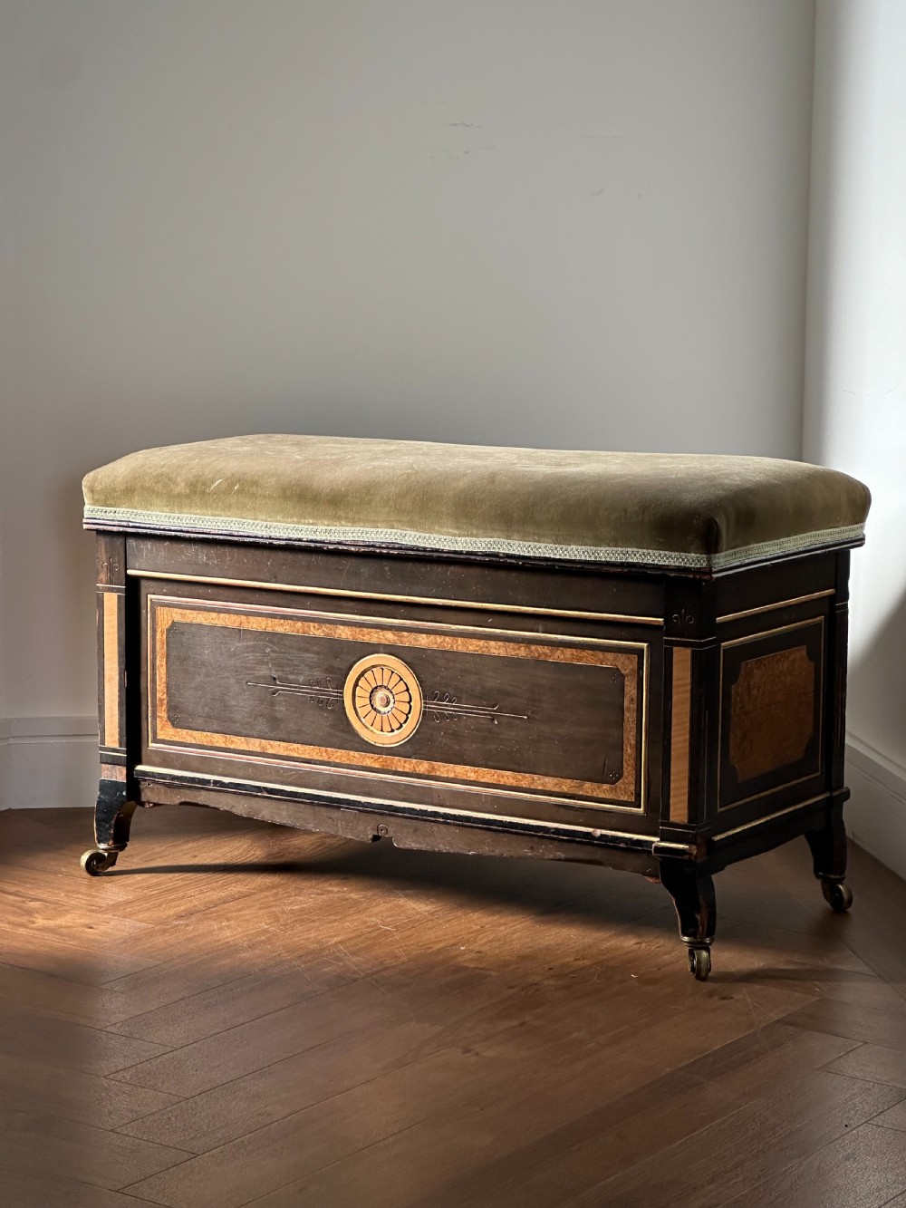 A classy Aesthetic Movement duet piano stool, British, 1880's