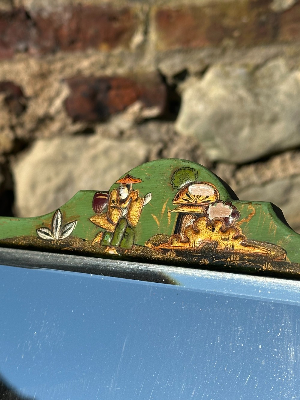 An apple-green lacquered and chinoiserie decorated easel mirror attributed to Whytock & Reid of Edinburgh View II