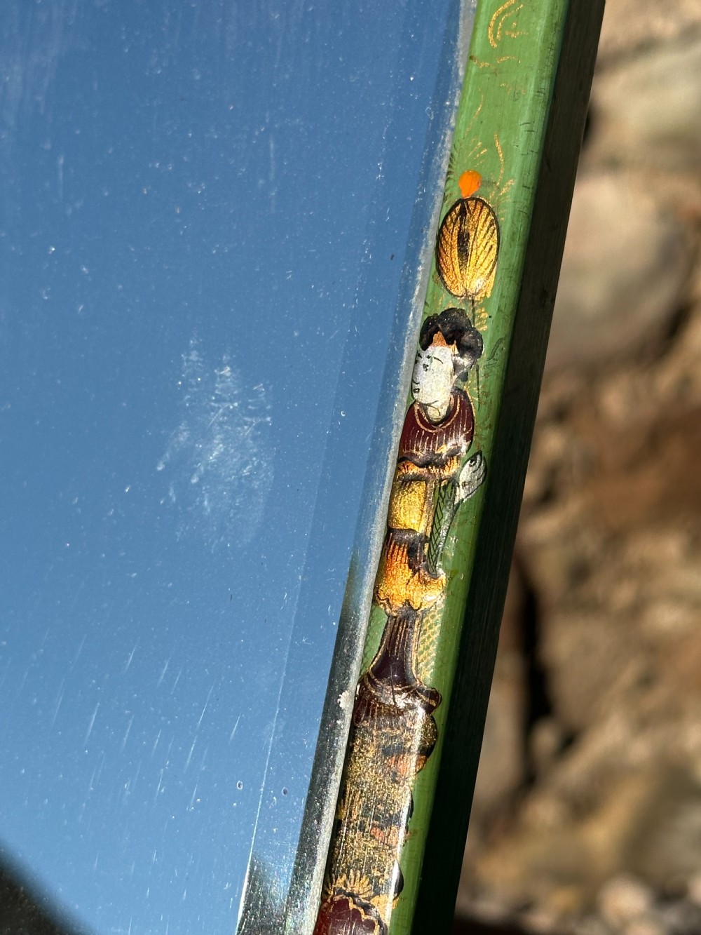 An apple-green lacquered and chinoiserie decorated easel mirror attributed to Whytock & Reid of Edinburgh View IV