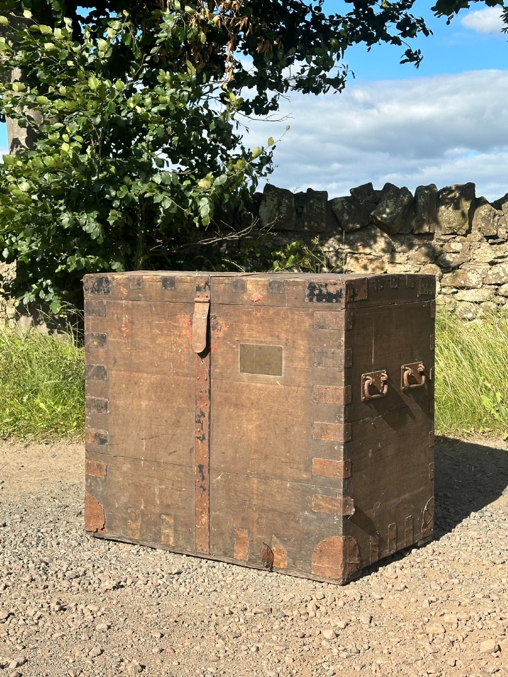 A large mid-19th century oak and iron bound silver chest made for Lt. Colonel Thomas Ogilvy, 2nd Life Guards