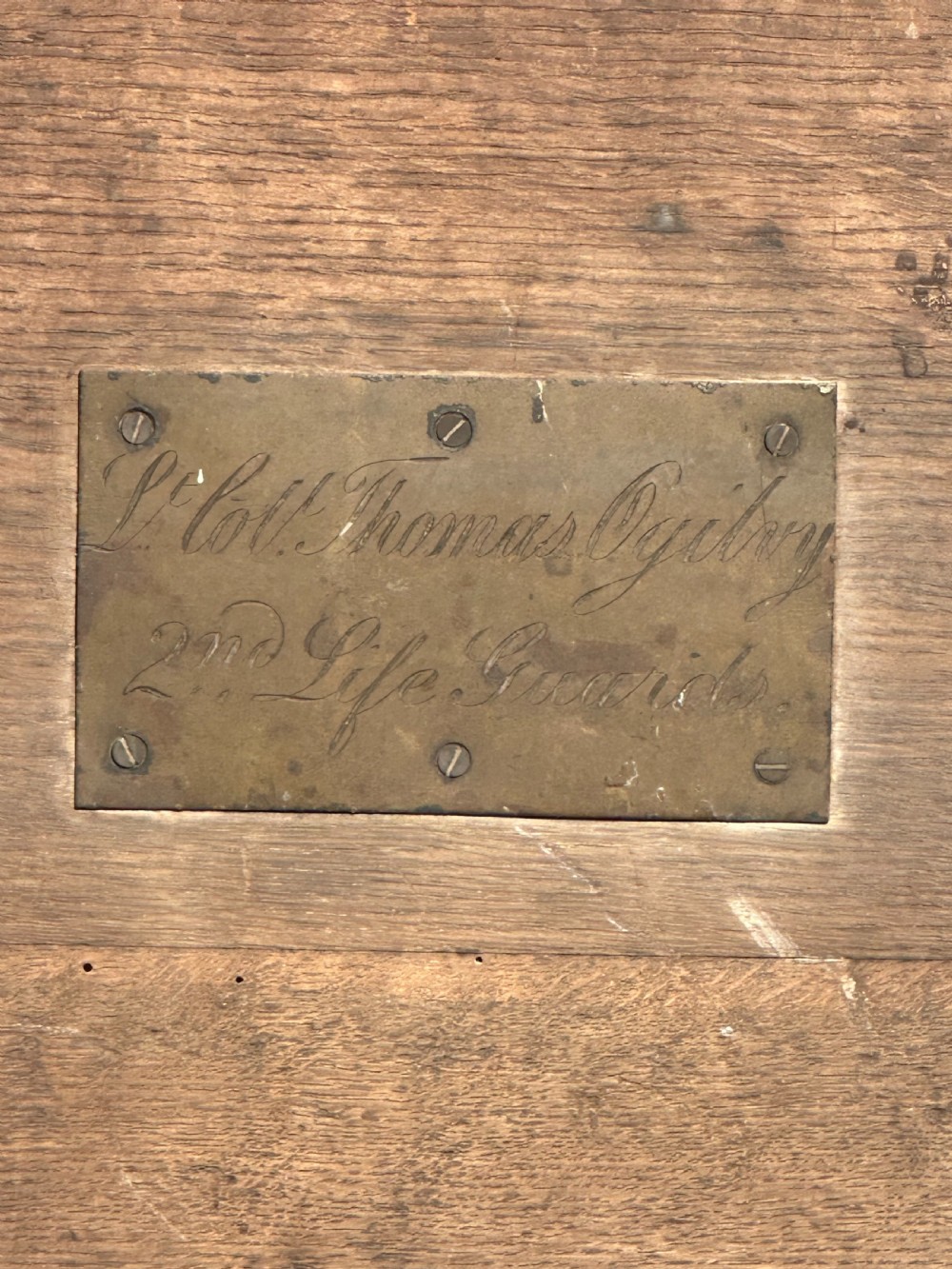 A large mid-19th century oak and iron bound silver chest made for Lt. Colonel Thomas Ogilvy, 2nd Life Guards View III