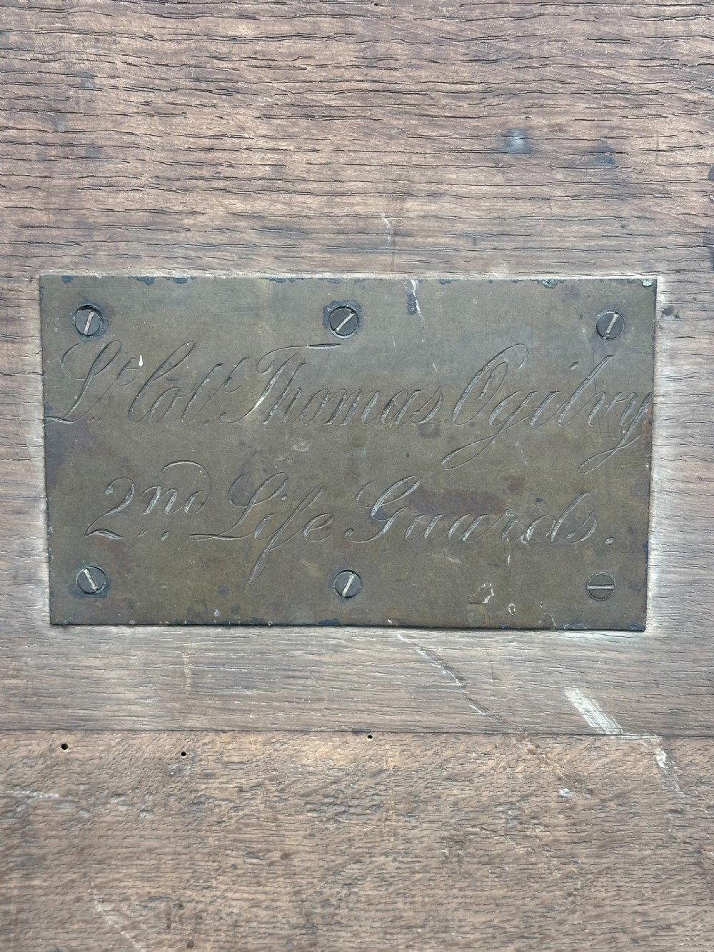 A large mid-19th century oak and iron bound silver chest made for Lt. Colonel Thomas Ogilvy, 2nd Life Guards View IX