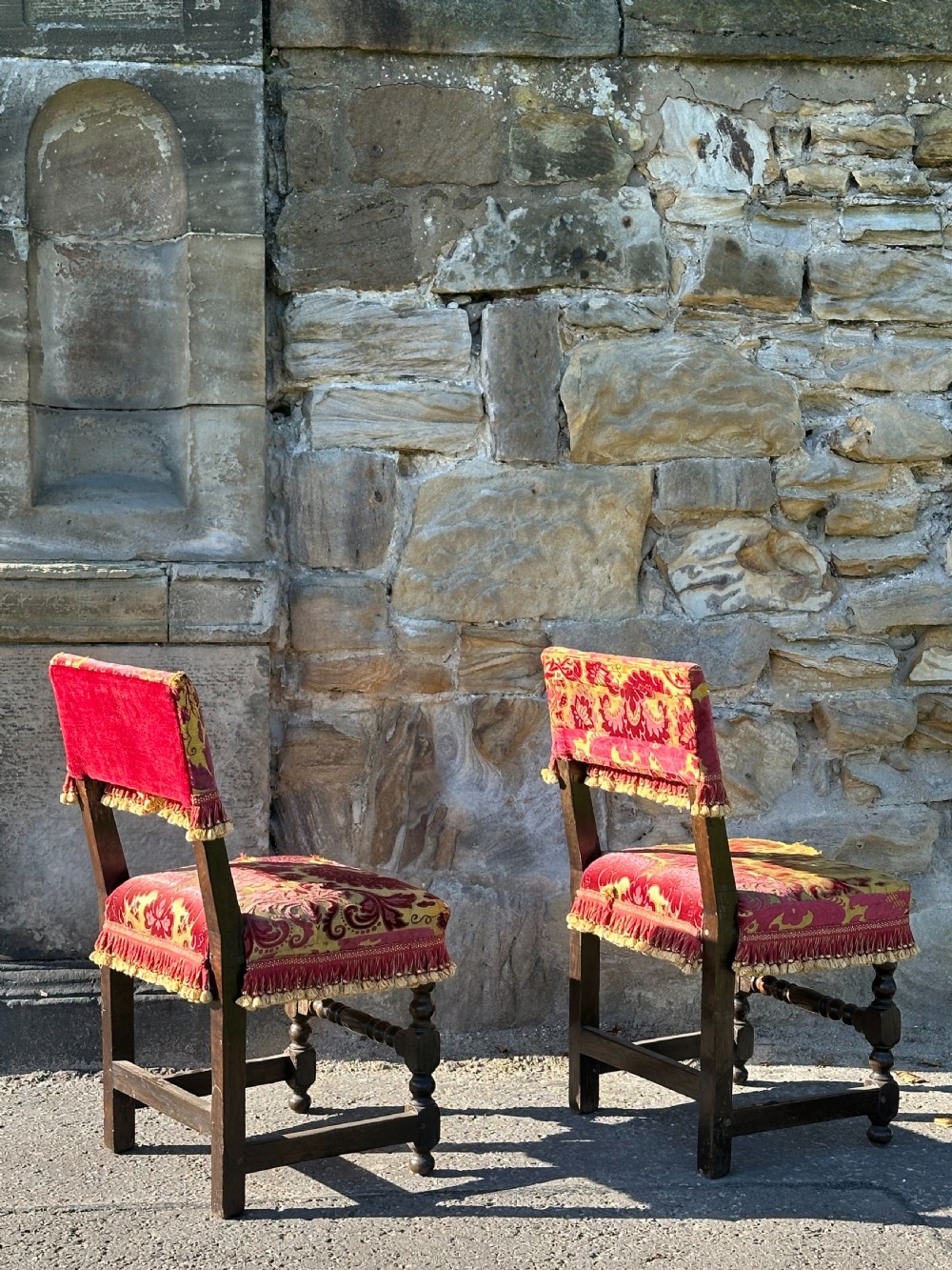 A pair of Charles II style oak and cut-silk velvet upholstered side chairs, early 19th century View III