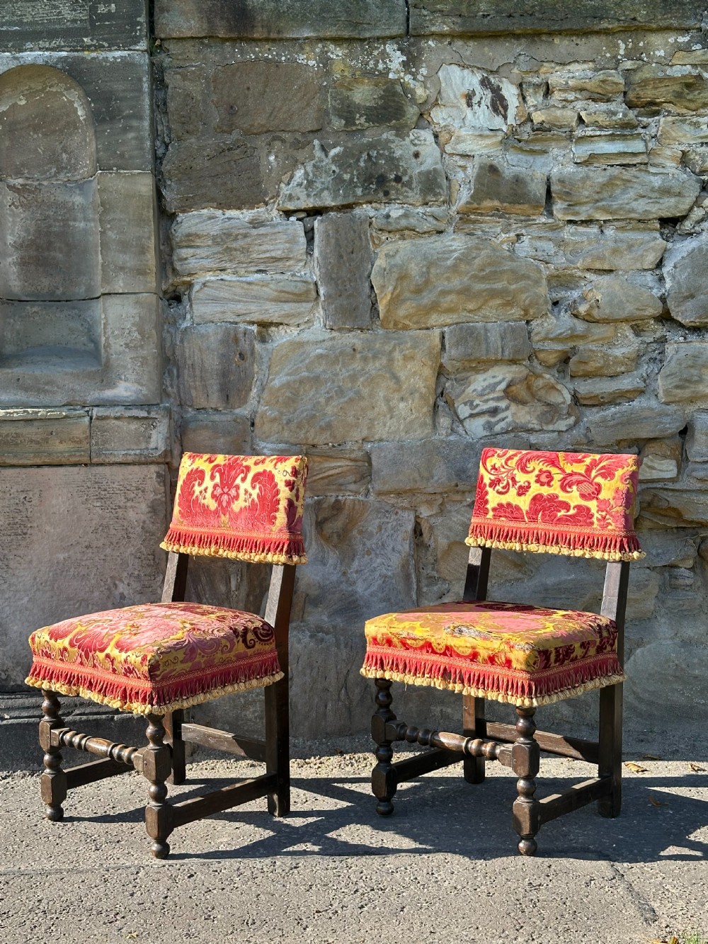 A pair of Charles II style oak and cut-silk velvet upholstered side chairs, early 19th century View V