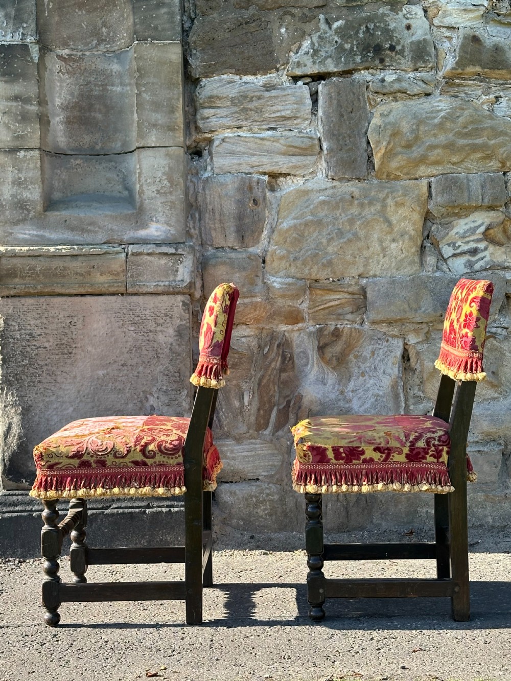 A pair of Charles II style oak and cut-silk velvet upholstered side chairs, early 19th century View IX
