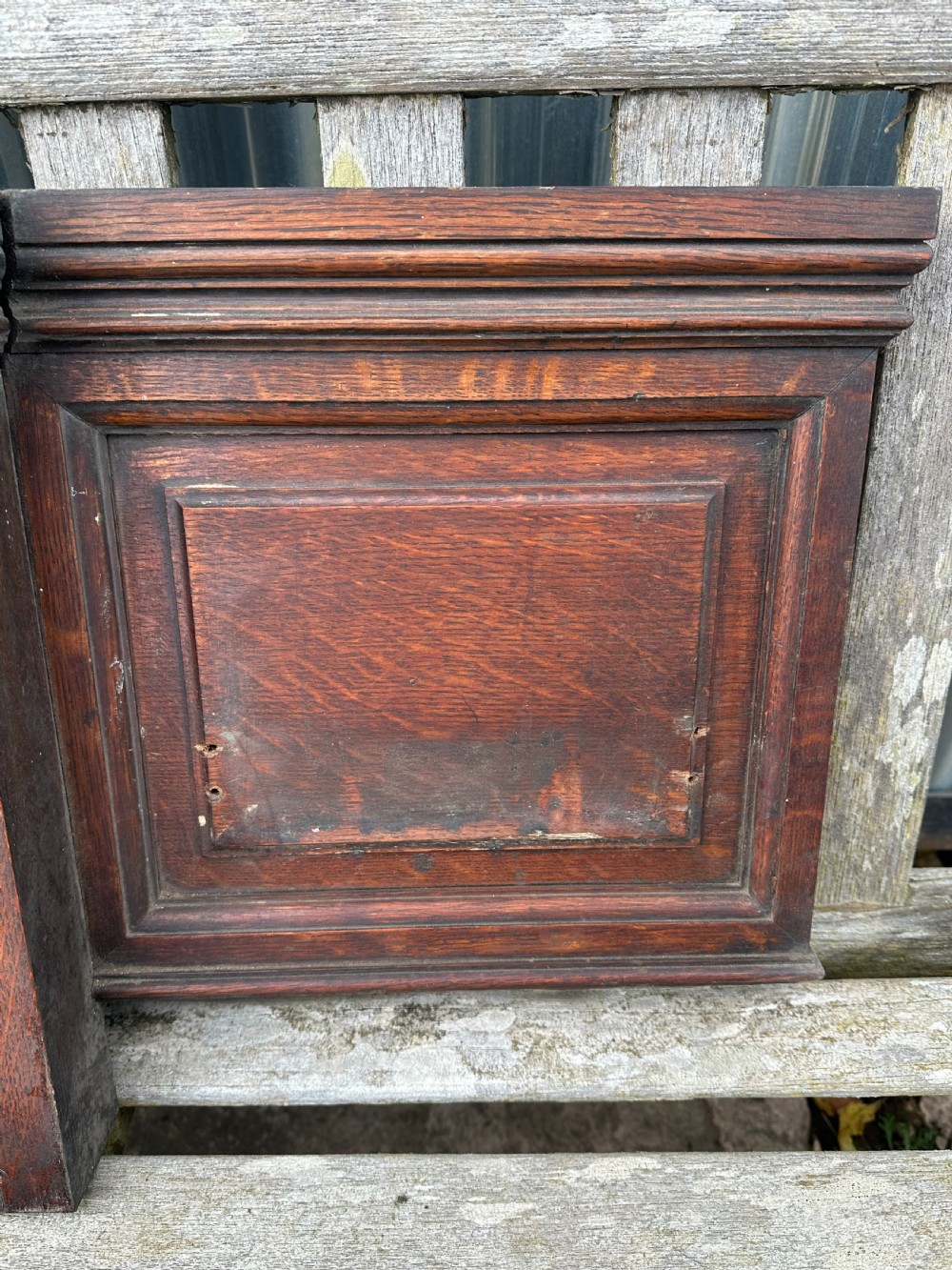 A nineteenth-century dark oak billiard scoreboard featuring numbered sliding brass pointers, moulded architectural cornices, and lower storage compartments. View IV