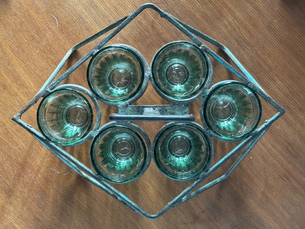 A painted metal glass carrier and six glasses, 1930's View II