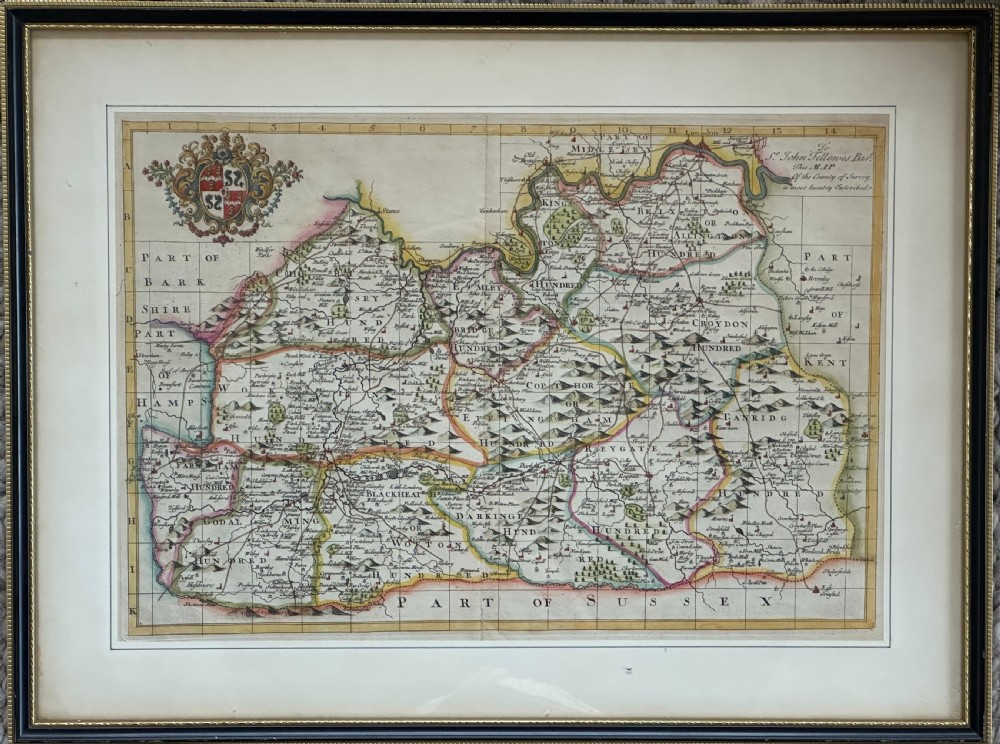A rare and interesting hand-coloured English map of Surrey dedicated to Sir John Fellowes, Bart c.1720