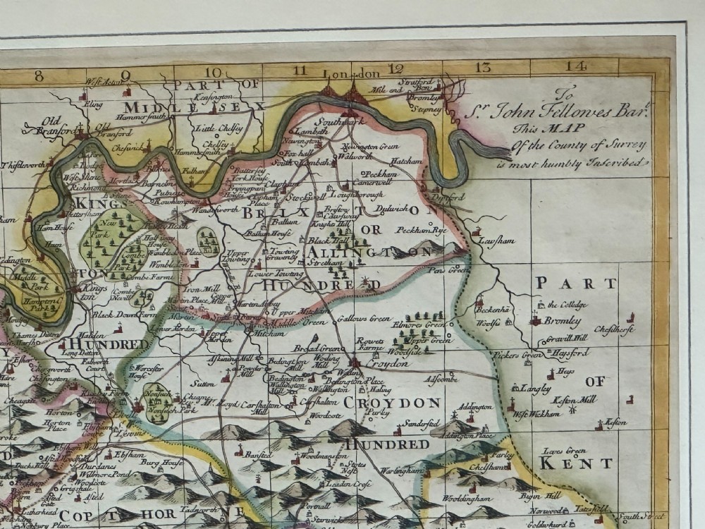 A rare and interesting hand-coloured English map of Surrey dedicated to Sir John Fellowes, Bart c.1720 View II