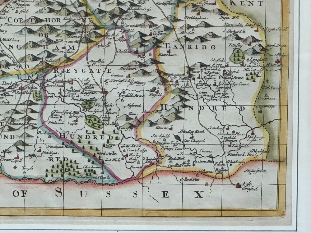 A rare and interesting hand-coloured English map of Surrey dedicated to Sir John Fellowes, Bart c.1720 View III