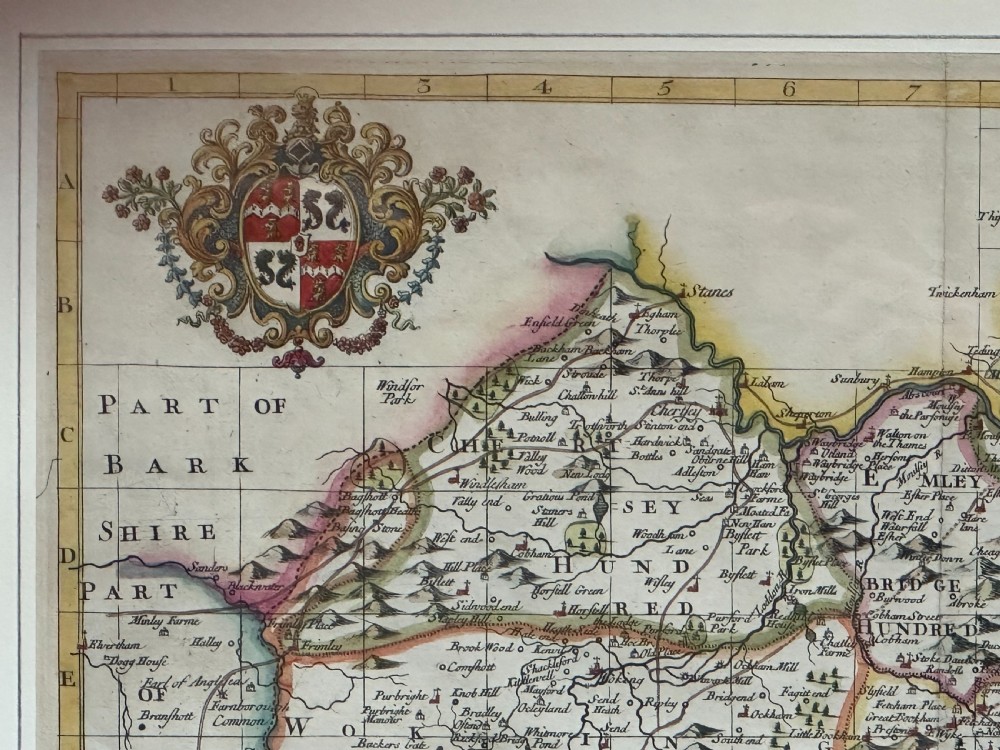 A rare and interesting hand-coloured English map of Surrey dedicated to Sir John Fellowes, Bart c.1720 View IV