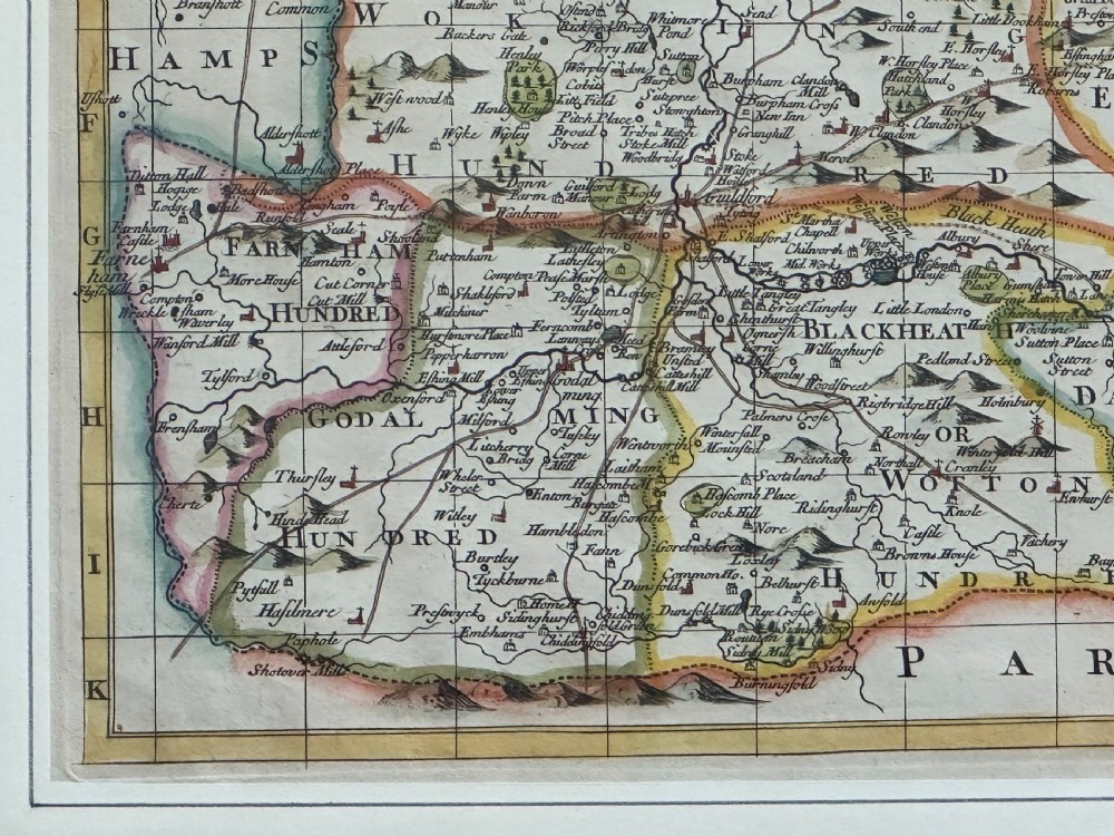 A rare and interesting hand-coloured English map of Surrey dedicated to Sir John Fellowes, Bart c.1720 View V