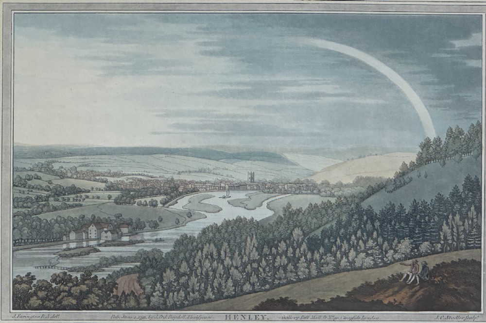 An eighteenth-century hand-coloured aquatint print illustrating a river landscape view of Henley with a faint rainbow across a cloudy sky.