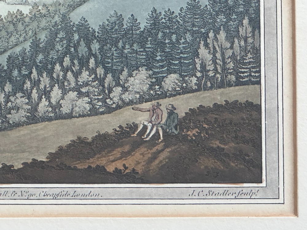 An eighteenth-century hand-coloured aquatint print illustrating a river landscape view of Henley with a faint rainbow across a cloudy sky. View II